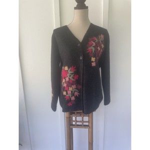 Susan Bristol Wool Sweater Charcoal Gray Large Hand Embroidered